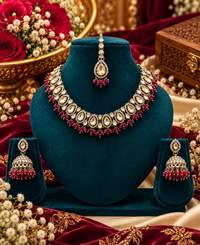 Zricon Dual-Row Collar Necklace Set with Jhumkas & Maang Tikka