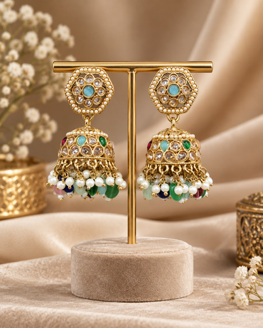 Maroon Antique Gold Jhumkha Earrings