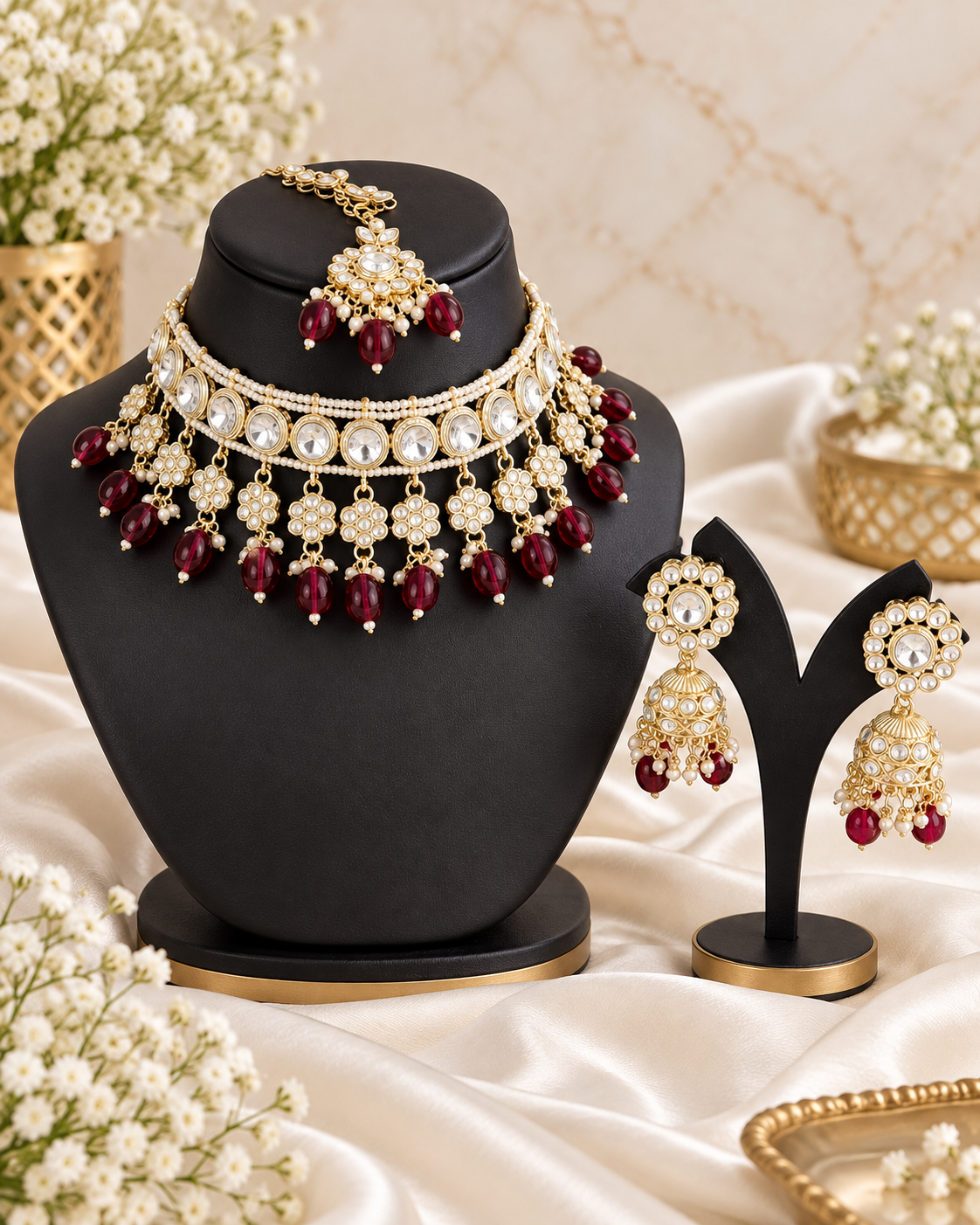 DESIGNER ANTIQUE POLISH PATWA NECKLACE SET WITH MAANG TIKKA FOR GIRLS & WOMEN