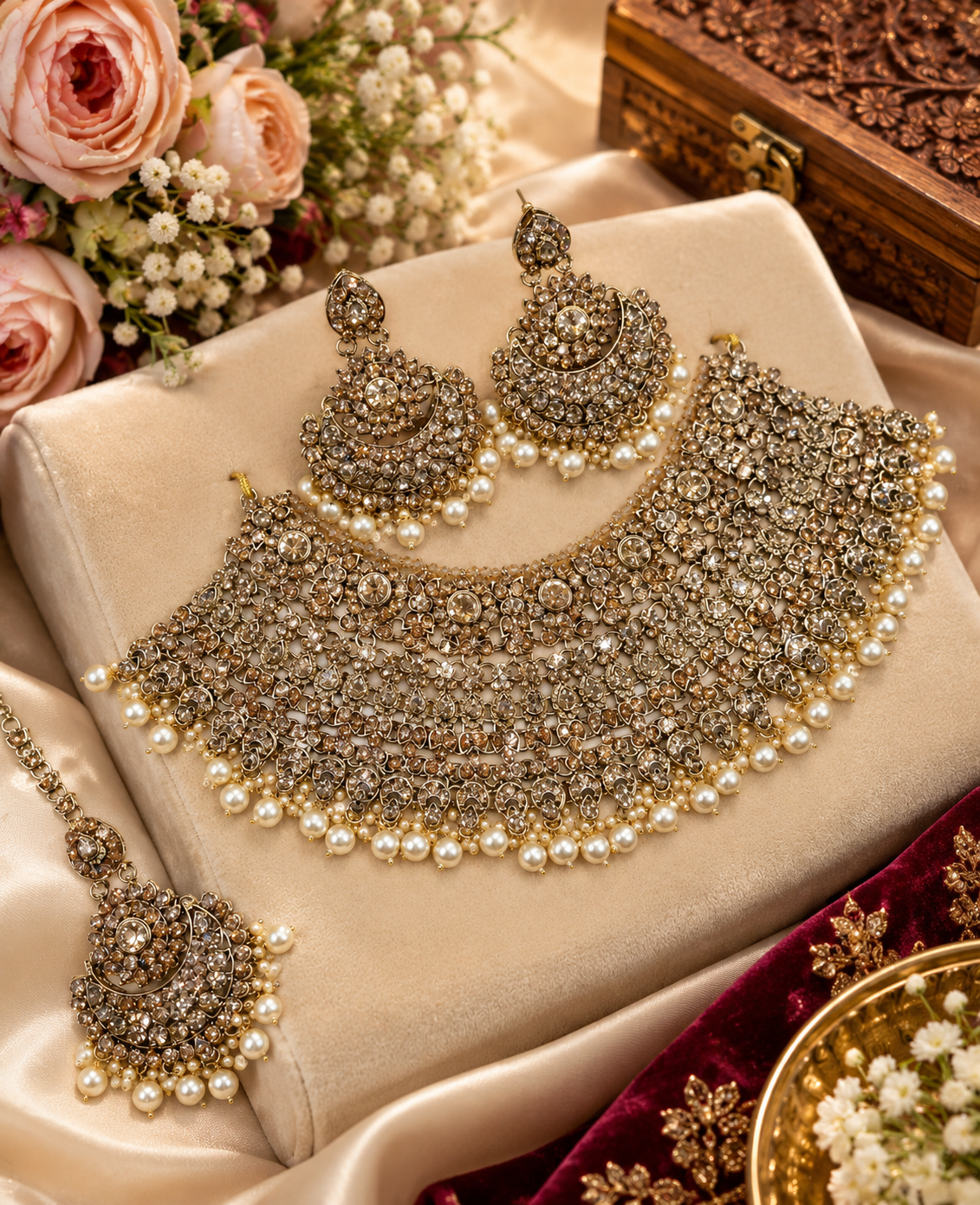 Antique Gold-Tone CZ Heavy Bridal Choker Necklace Set with Chaandbali Earrings and Maang Tikka