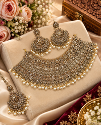 Antique Gold-Tone CZ Heavy Bridal Choker Necklace Set with Chaandbali Earrings and Maang Tikka