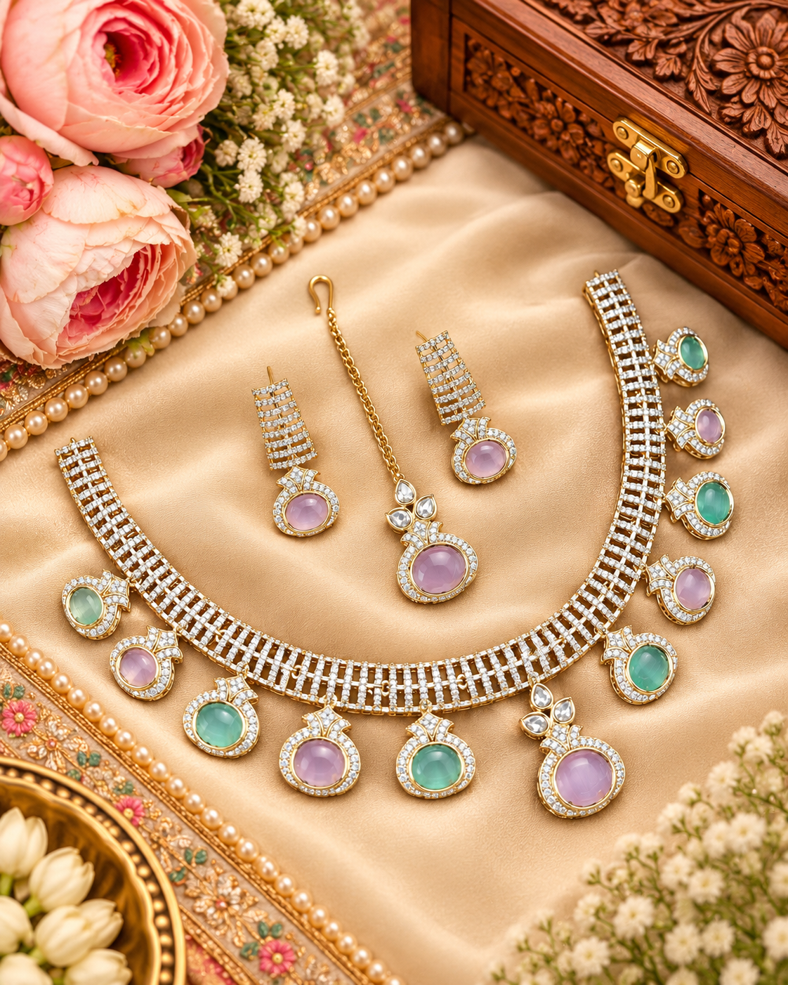 Modern Stone Choker Necklace Set with Matching Earrings & Maang Tikka