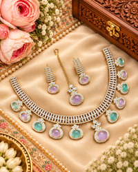 Modern Stone Choker Necklace Set with Matching Earrings & Maang Tikka