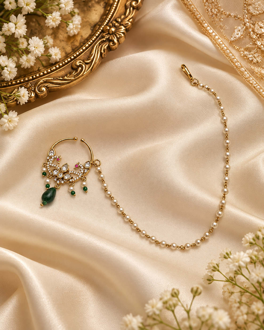 TRADITIONAL KUNDAN & DROP BEAD NOSE RING WITH HAIR CHAIN
