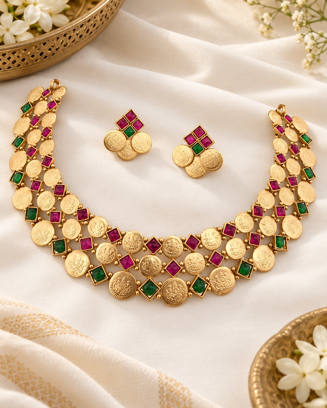 Triple Layer Lakshmi Coin Choker Set with Ruby Pink Kemp Stones