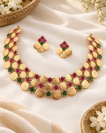 Triple Layer Lakshmi Coin Choker Set with Ruby Pink Kemp Stones