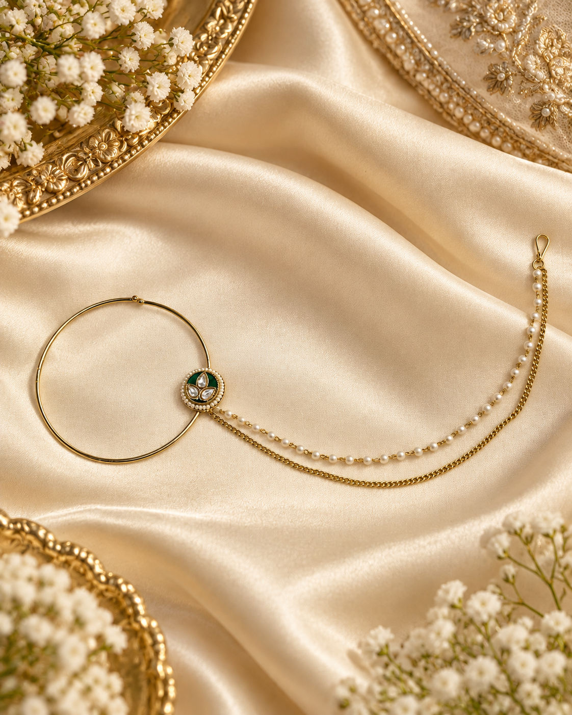 Classic Floral Motif Bridal Nath with Pearl & Layered Chain