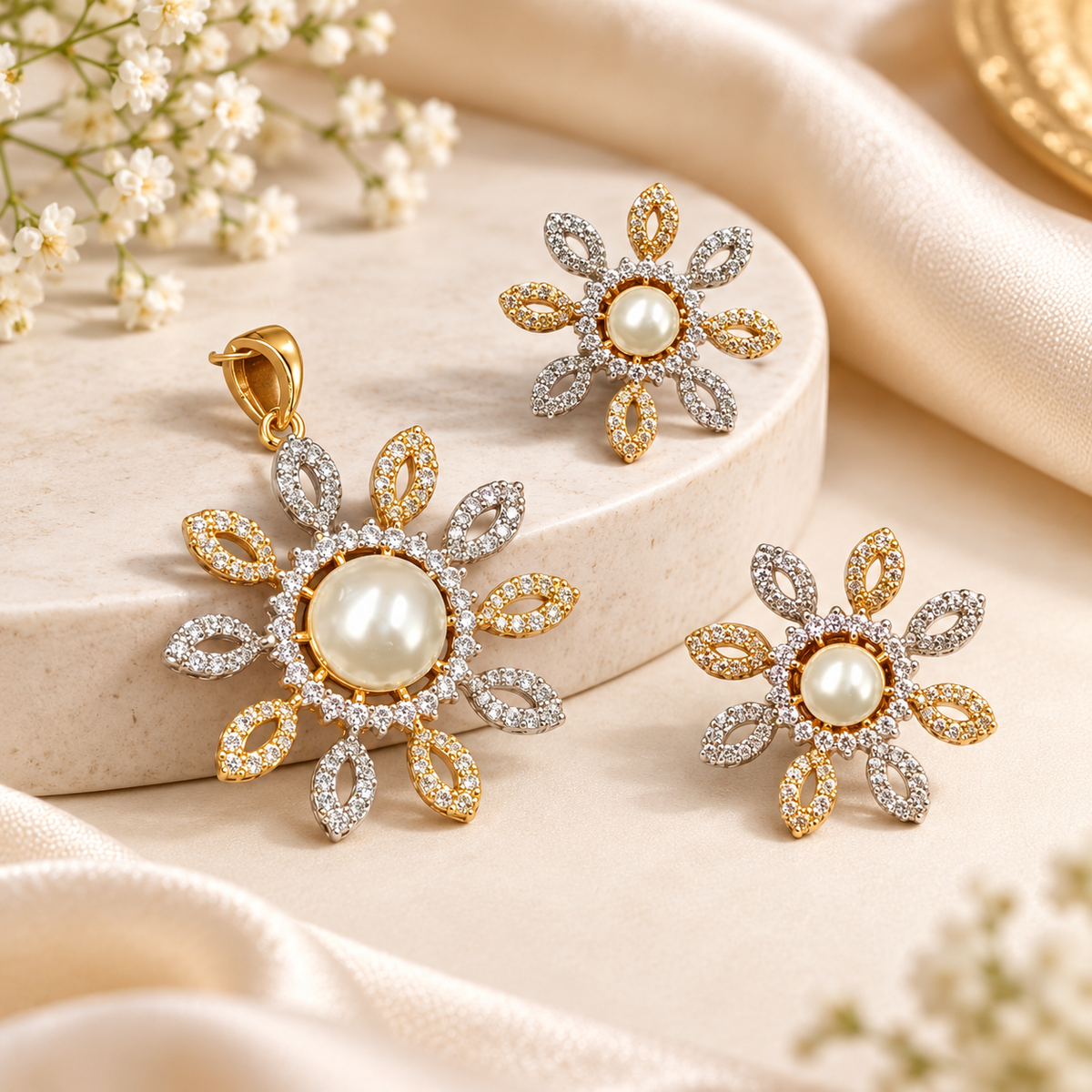 American Diamond Pearl Pendant Set with Matching Earrings For Woman & Girls