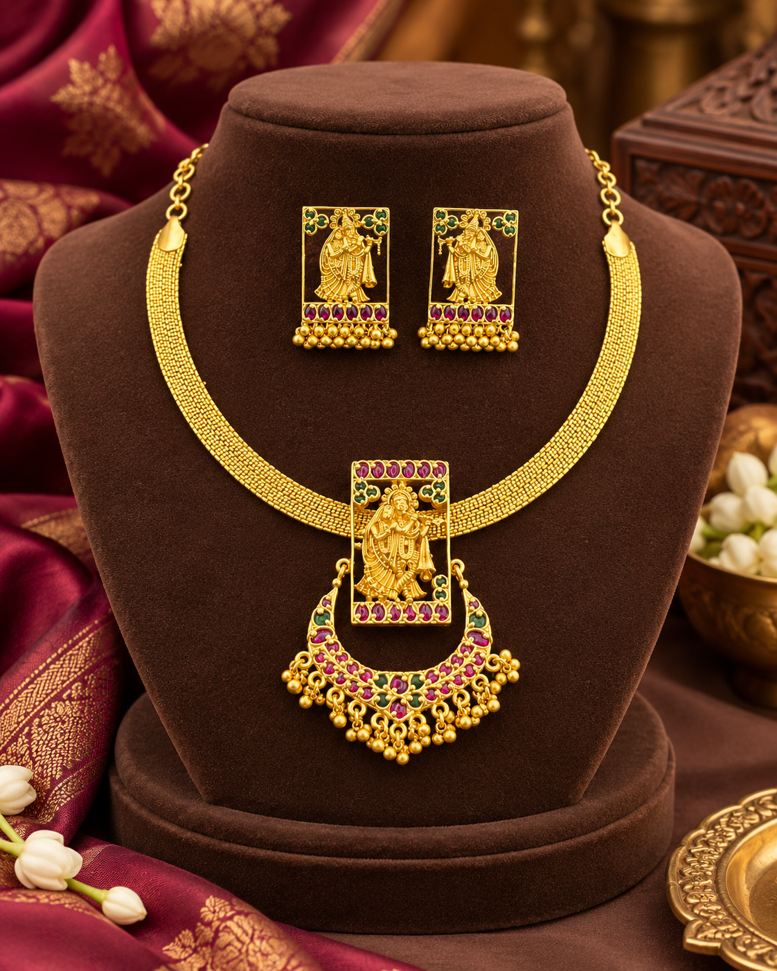 Handcrafted Radha Krishna Choker Set in Matte Finish Copper