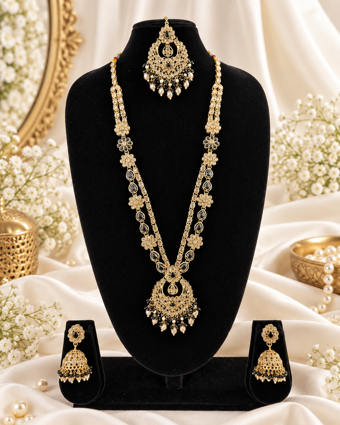 Rose Petal Pink Stone Long Necklace Set with Jhumkas