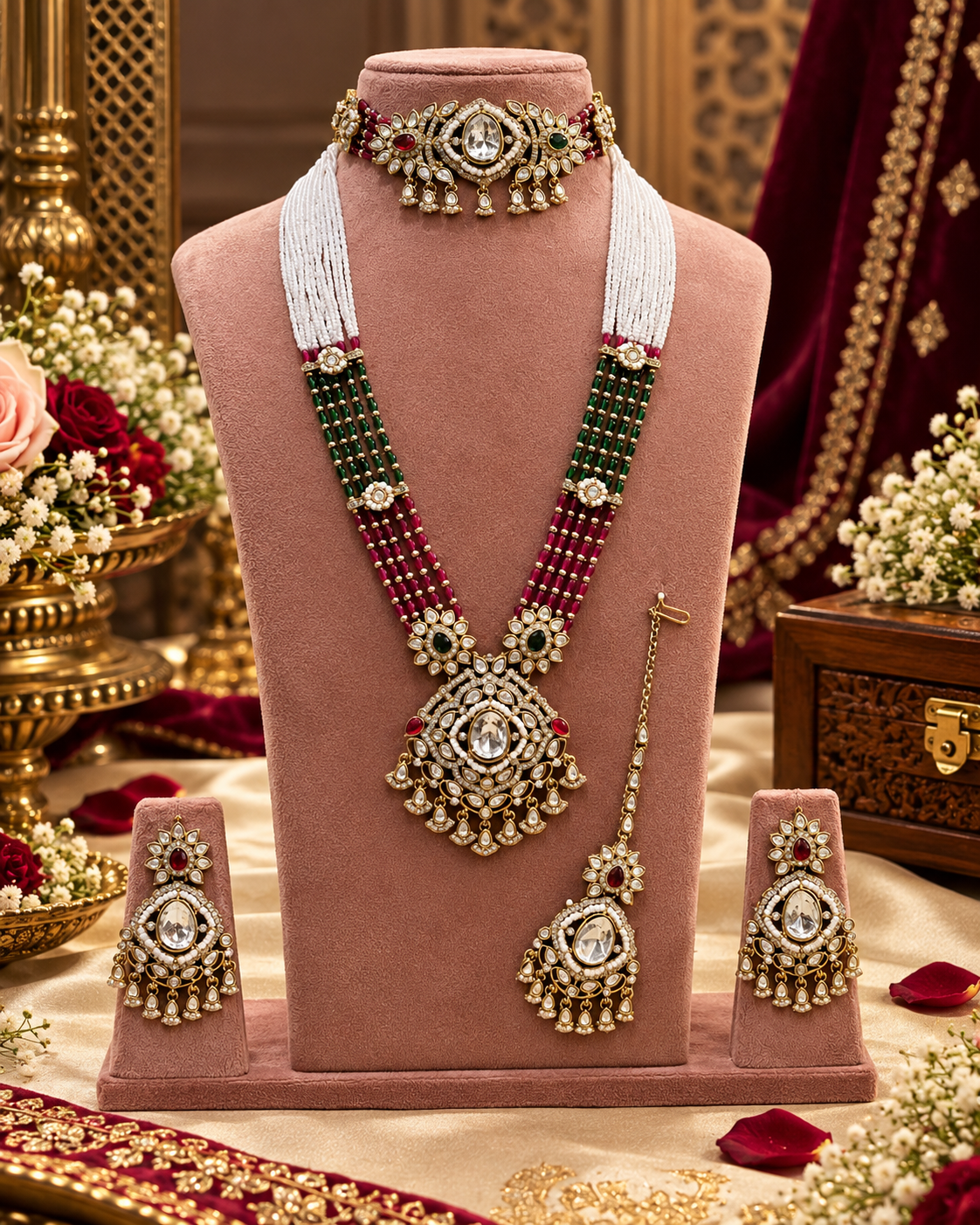 Kundan Bridal Jewelry Set with Choker, Rani Haar, Earrings & Maang Tikka