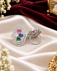 Oval Statement Ring Vibrant Multi Stone American Diamond Ring for Wedding