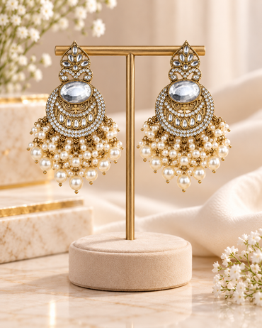 ANTIQUE GOLD CRESCENT STATEMENT CHANDBALI EARRINGS WITH PEARL & CRYSTAL BEADS