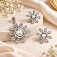American Diamond Pearl Pendant Set with Matching Earrings For Woman & Girls