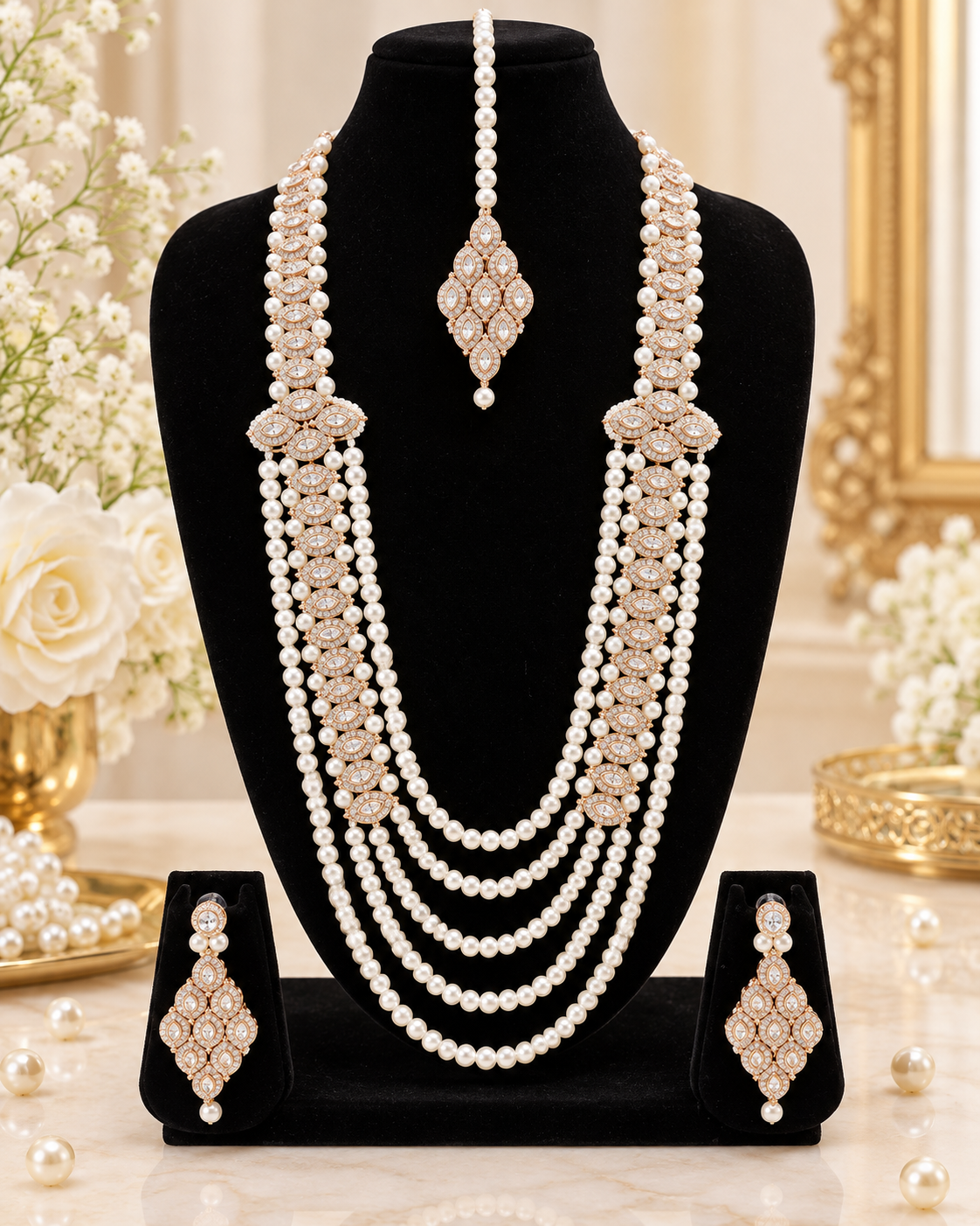Multi-Layer Crystal Bead Long Mala Set with Floral CZ Motifs, Earrings & Maang Tikka