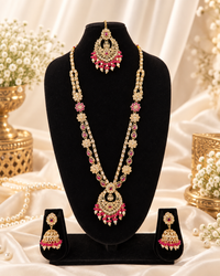 Rose Petal Pink Stone Long Necklace Set with Jhumkas