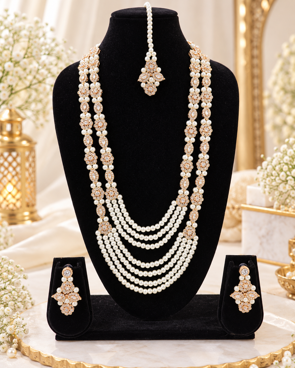 Handcrafted Multi-Strand Crystal Long Necklace Set with Floral Brooch Detailing