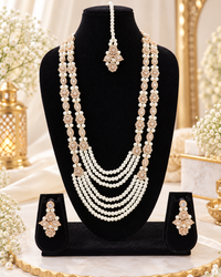 Handcrafted Multi-Strand Crystal Long Necklace Set with Floral Brooch Detailing