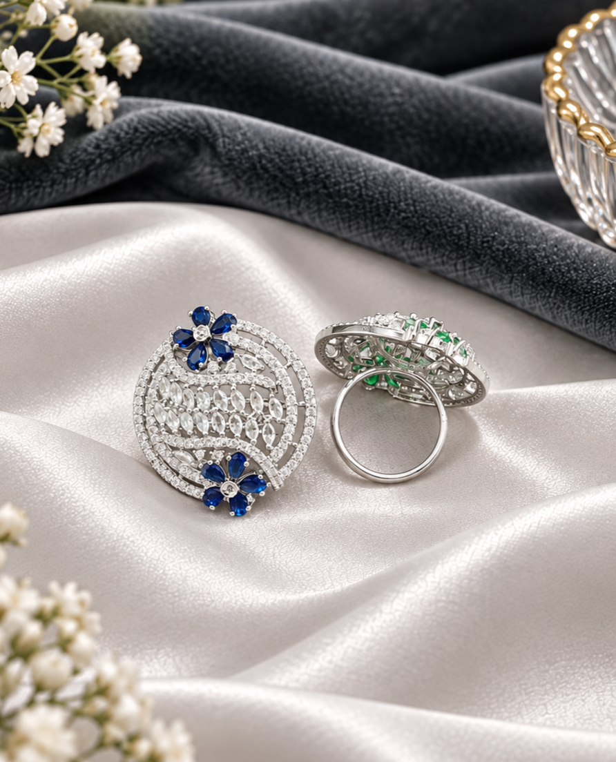 Sapphire Blue Floral Shield Statement Ring