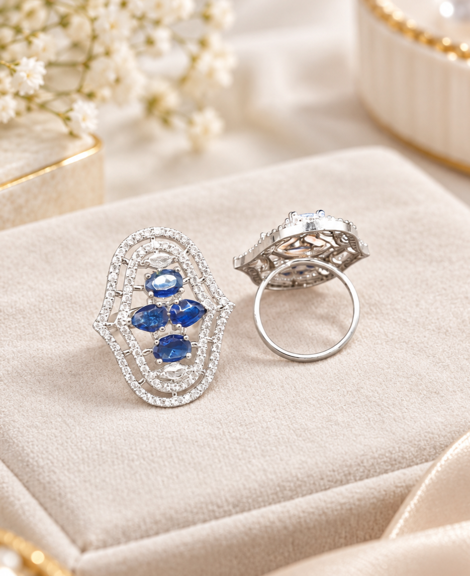 Oval Statement Ring Vibrant Multi Stone American Diamond Ring for Wedding
