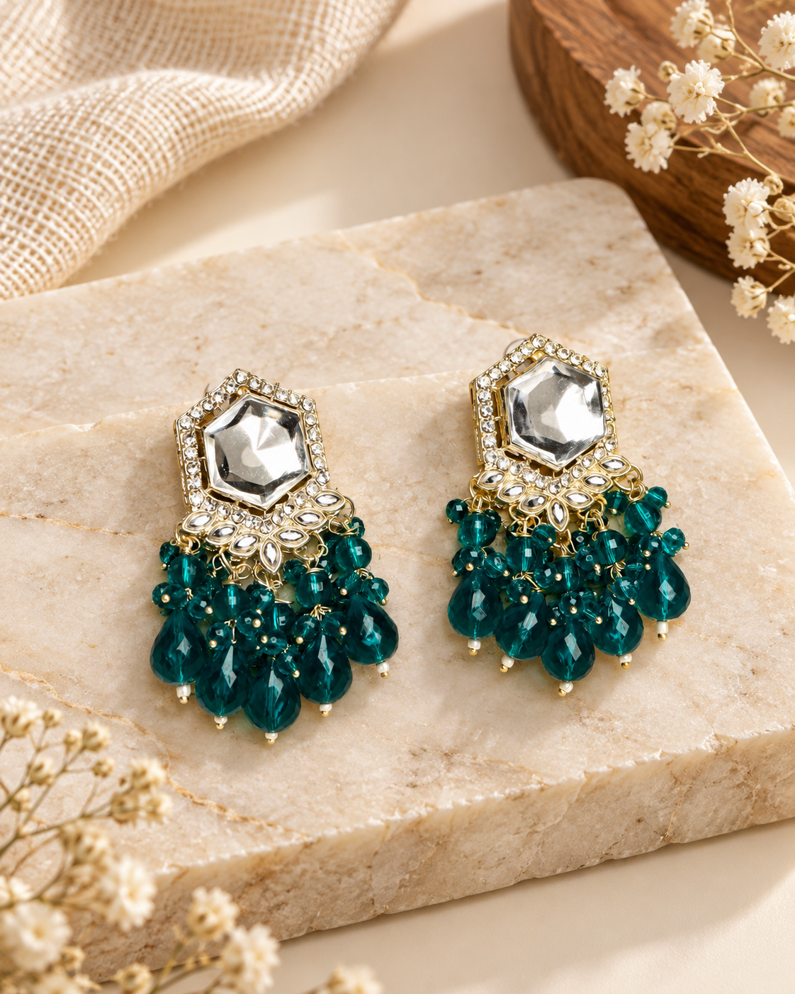 Traditional Hexagon Kundan Earrings Gold Plated Earrings for Woman Dangles
