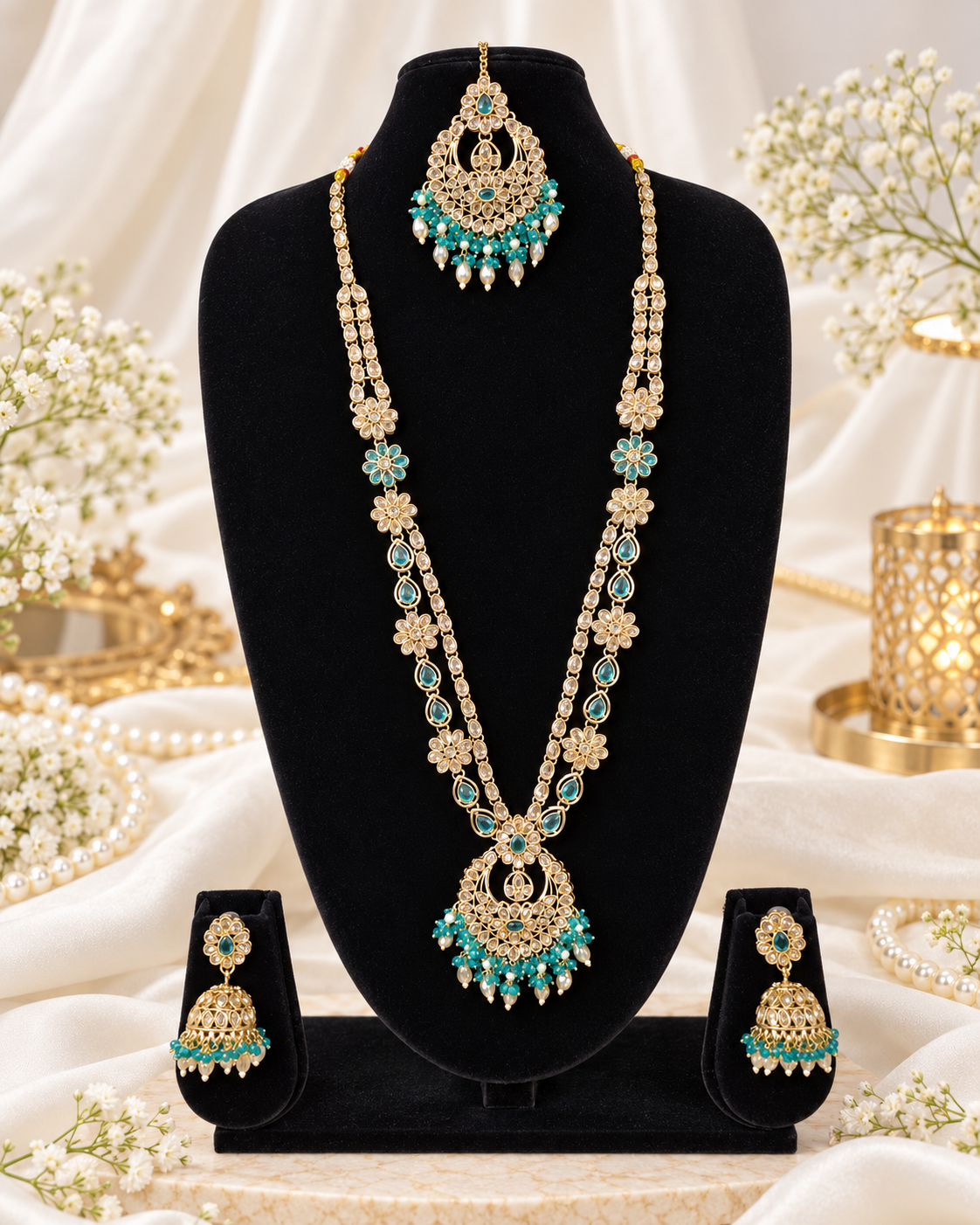 Rose Petal Pink Stone Long Necklace Set with Jhumkas