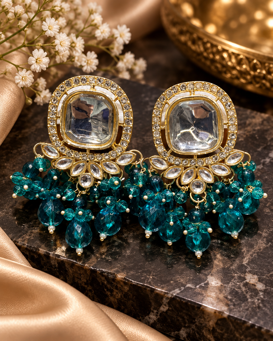 Square Kundan Earrings with Round Crystal Centerpiece Gold Plated Earrings