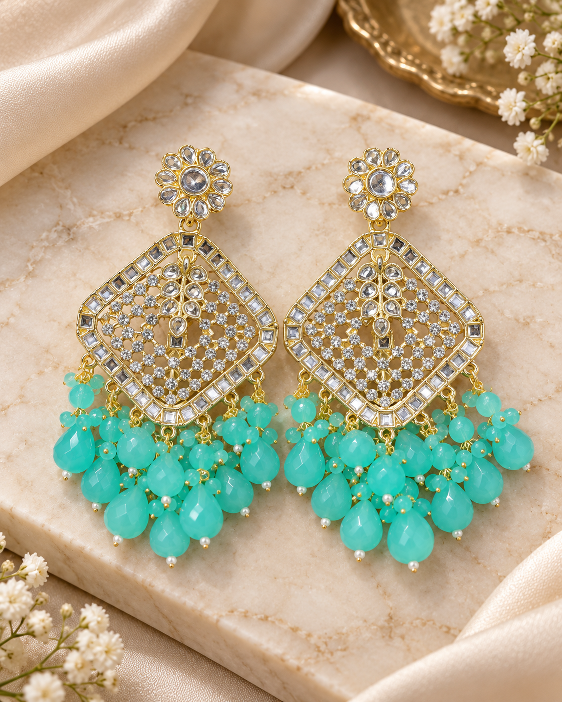 Square Emerald Green Crystal  Kundan Drop Earrings Gold Plated Jali Work Dangles
