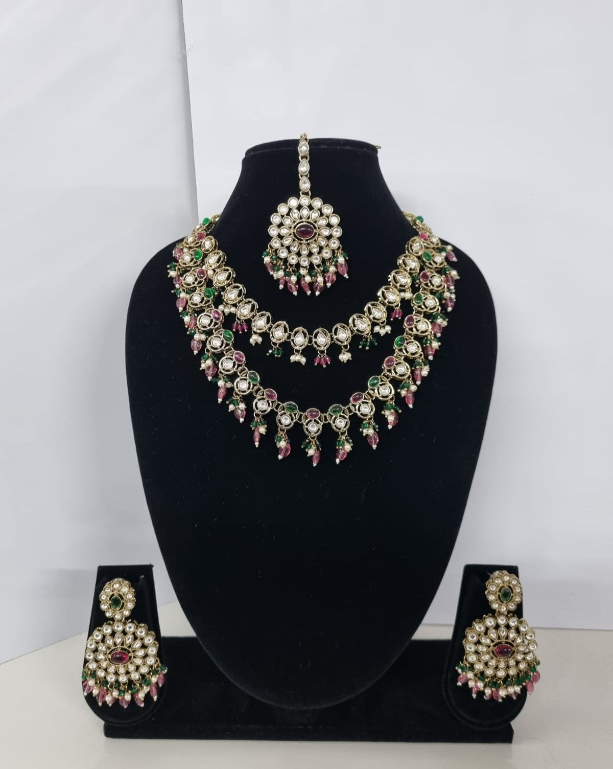 Royal Blue Layered Necklace Set Round Earrings & Maang Tikka