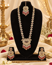 Lavender Purple Heart Shaped Long Necklace Set with Earrings & Maang Tikka