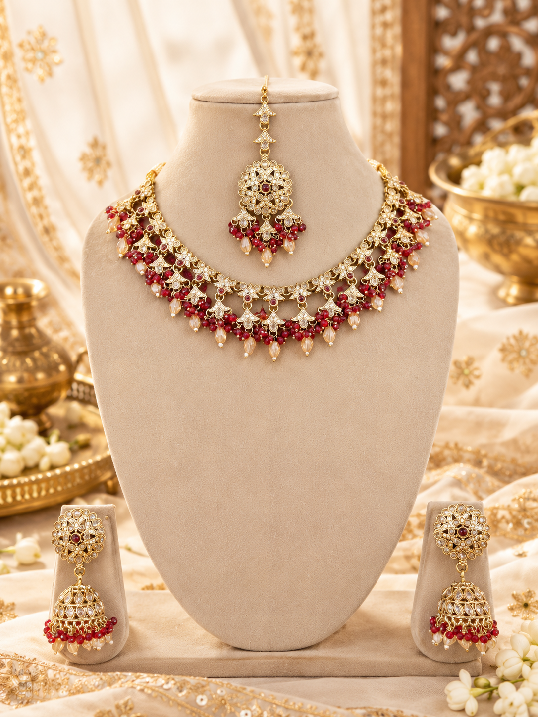 Traditional Floral Choker Necklace set With Earrings & Maang Tikka