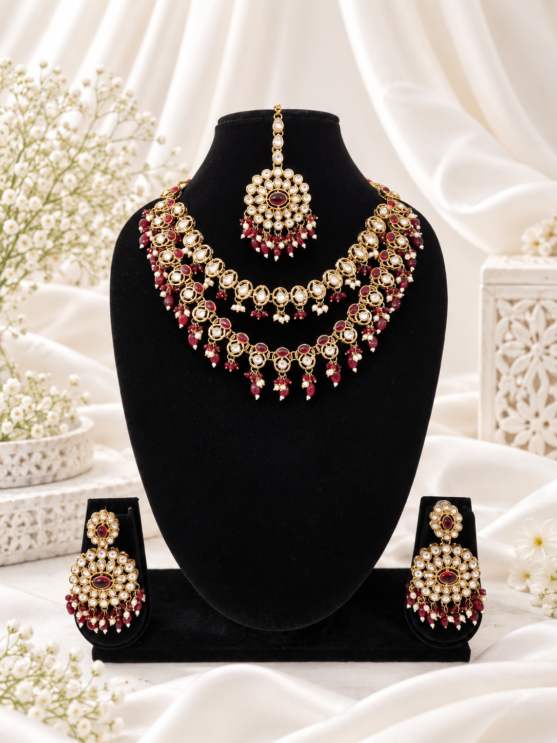 Royal Blue Layered Necklace Set Round Earrings & Maang Tikka