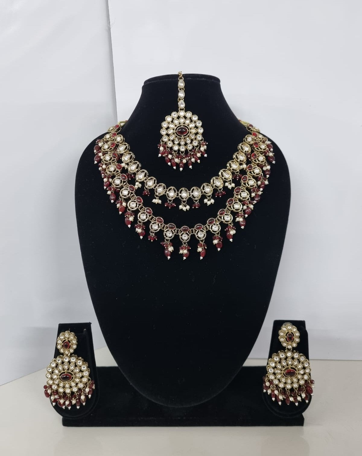 Royal Blue Layered Necklace Set Round Earrings & Maang Tikka