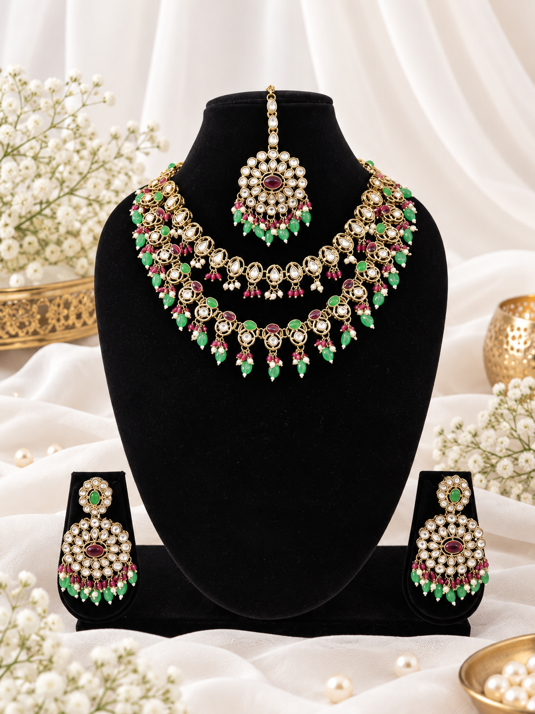 Royal Blue Layered Necklace Set Round Earrings & Maang Tikka