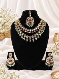Royal Blue Layered Necklace Set Round Earrings & Maang Tikka