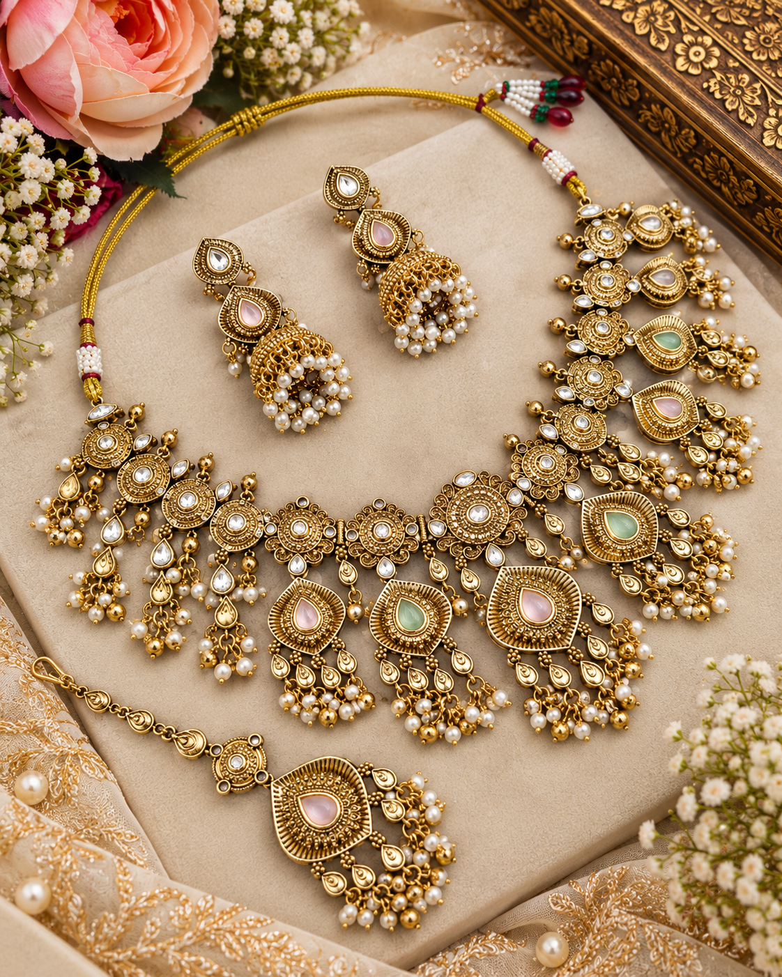 Antique Gold Floral Necklace Set with Jhumka Earrings & Maangtikka