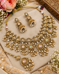 Antique Gold Floral Necklace Set with Jhumka Earrings & Maangtikka