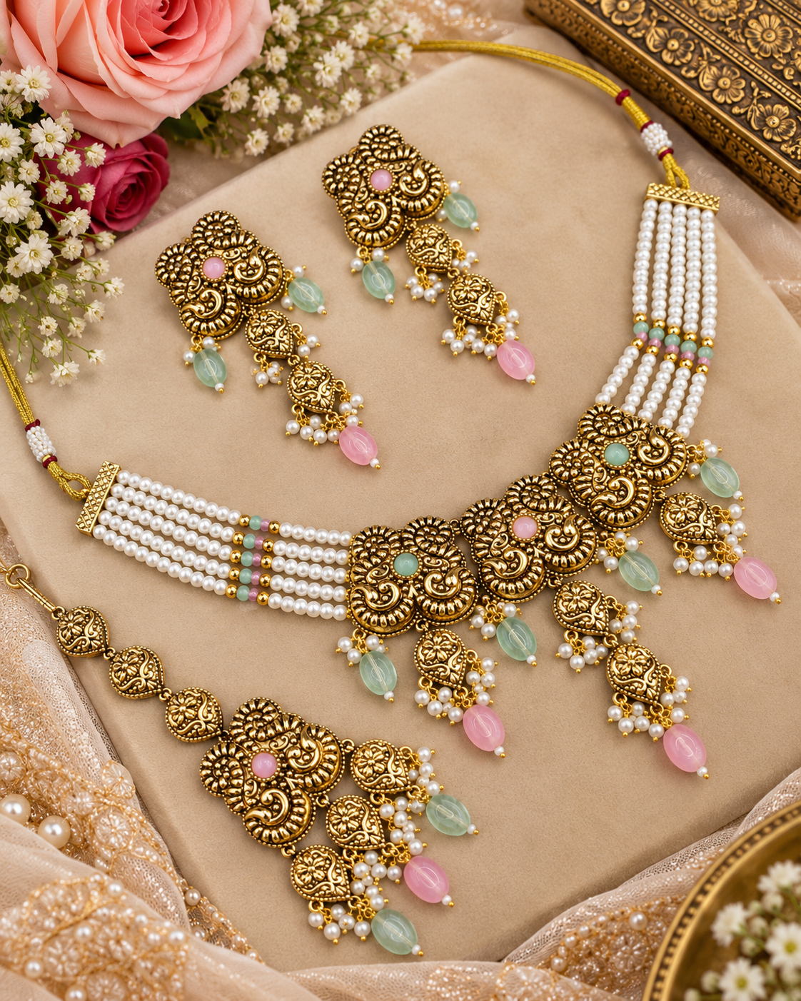 Antique Gold Pearl Strand Choker Necklace Set with Earrings & Maangtikka