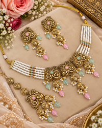 Antique Gold Pearl Strand Choker Necklace Set with Earrings & Maangtikka