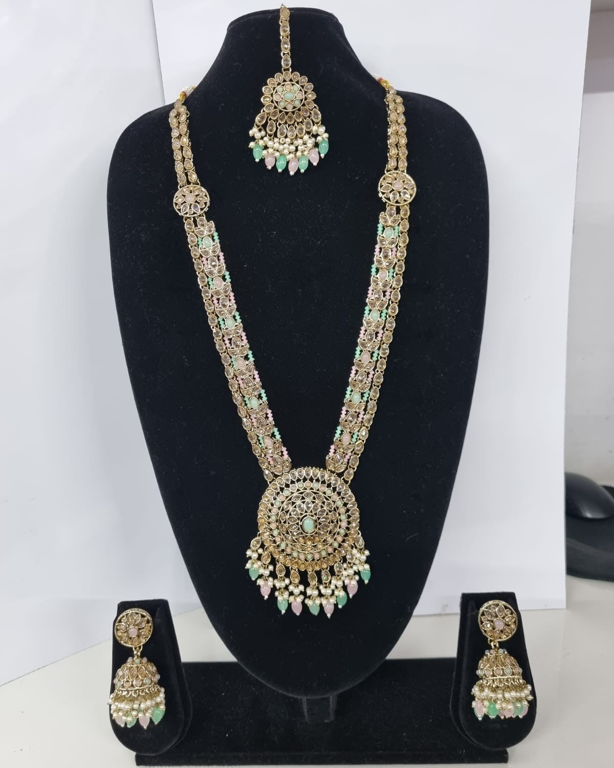 Traditional Pastel Sea Green Long Necklace Set with Jhumkas