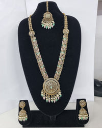 Traditional Pastel Sea Green Long Necklace Set with Jhumkas
