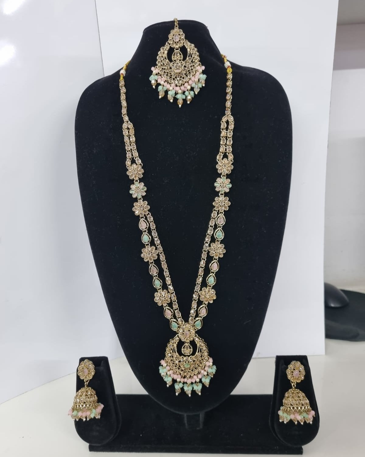 Rose Petal Pink Stone Long Necklace Set with Jhumkas