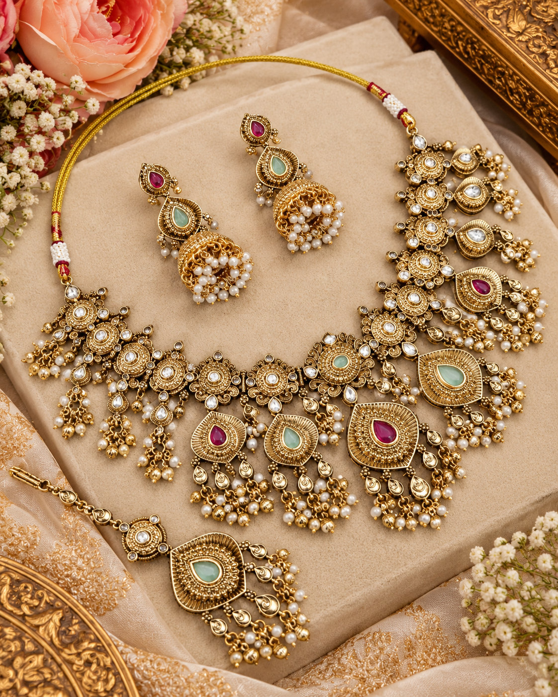 Antique Gold Floral Necklace Set with Jhumka Earrings & Maangtikka