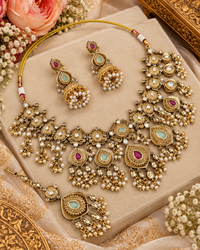 Antique Gold Floral Necklace Set with Jhumka Earrings & Maangtikka