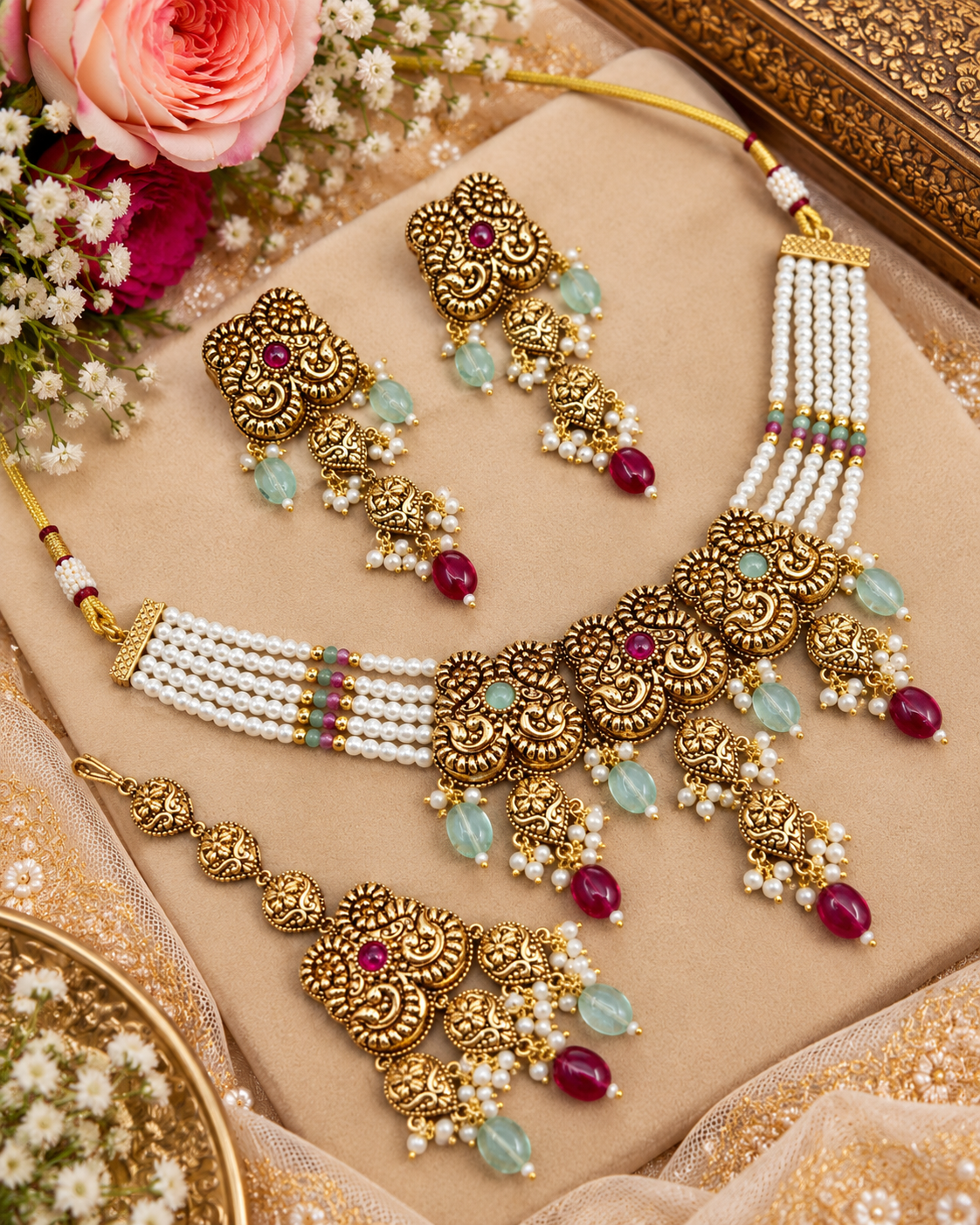 Antique Gold Pearl Strand Choker Necklace Set with Earrings & Maangtikka