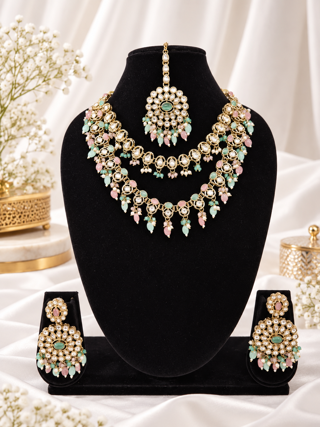 Royal Blue Layered Necklace Set Round Earrings & Maang Tikka