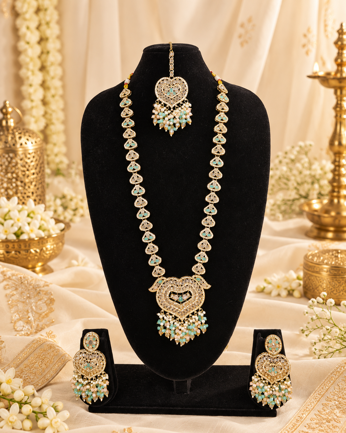 Lavender Purple Heart Shaped Long Necklace Set with Earrings & Maang Tikka