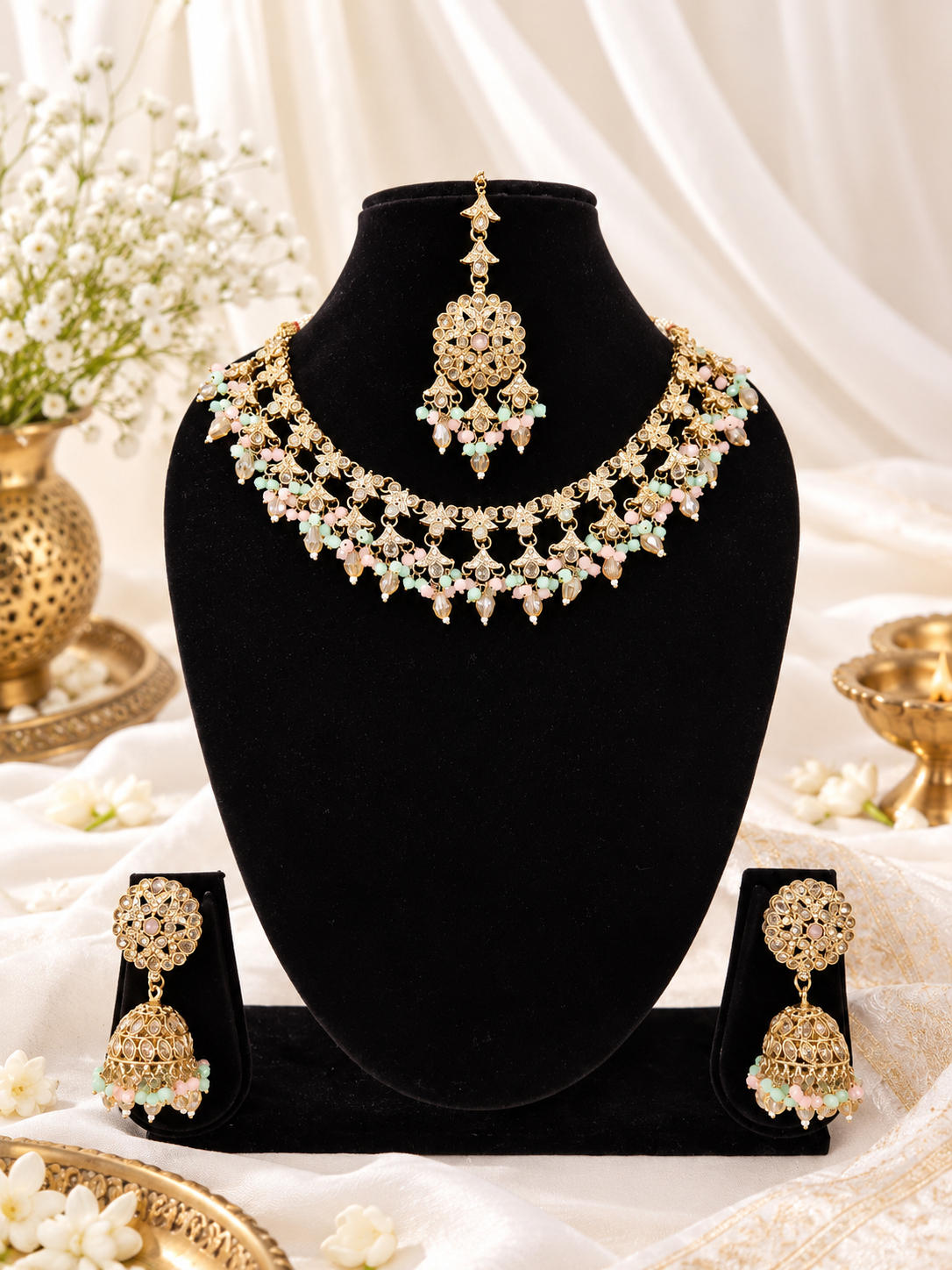 Traditional Floral Choker Necklace set With Earrings & Maang Tikka