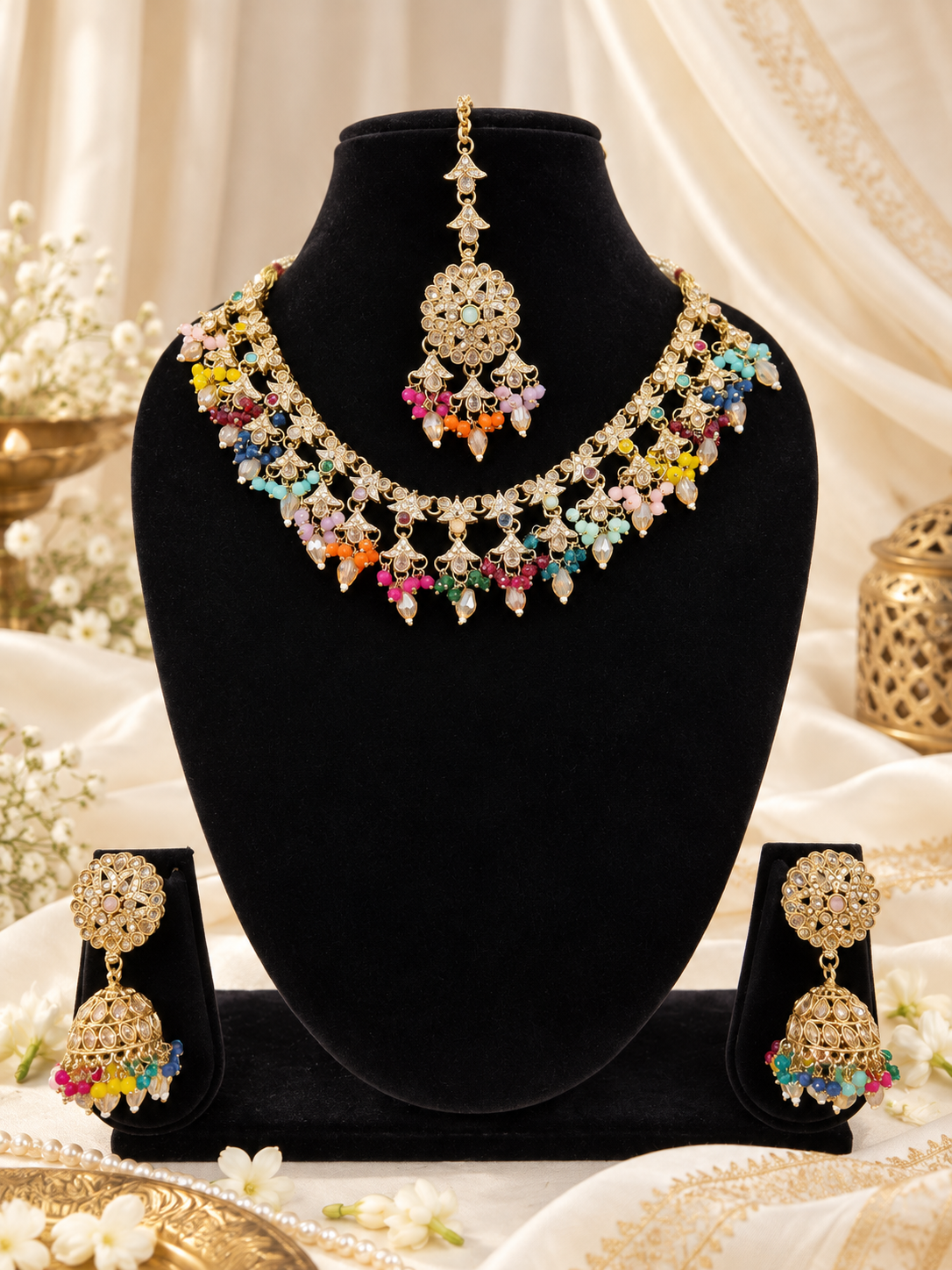 Traditional Floral Choker Necklace set With Earrings & Maang Tikka