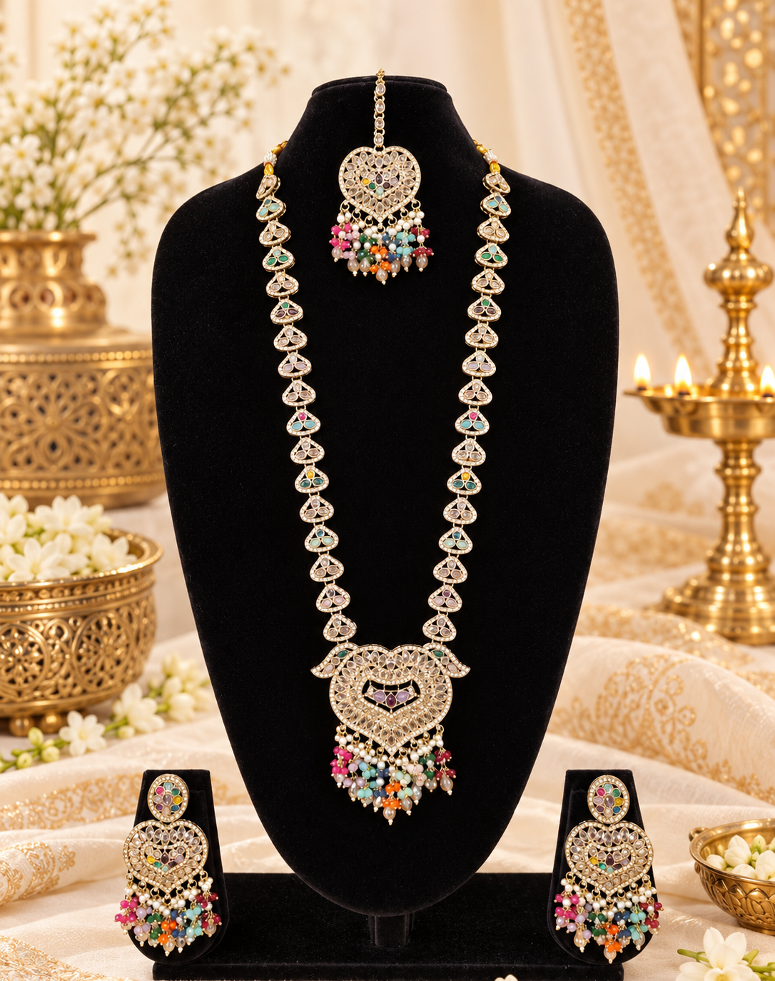 Lavender Purple Heart Shaped Long Necklace Set with Earrings & Maang Tikka